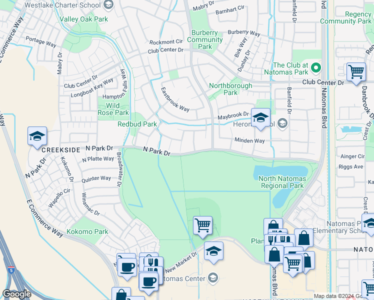 map of restaurants, bars, coffee shops, grocery stores, and more near 2551 North Park Drive in Sacramento