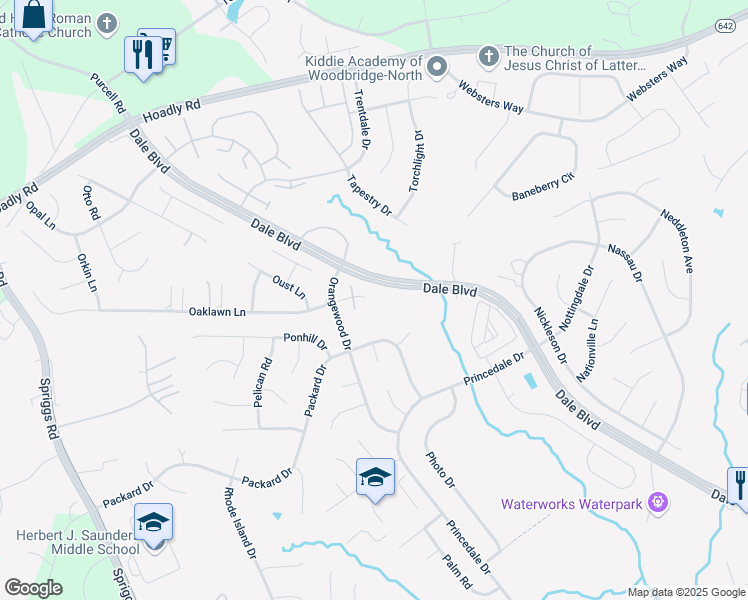 map of restaurants, bars, coffee shops, grocery stores, and more near 6017 Oaklawn Lane in Woodbridge