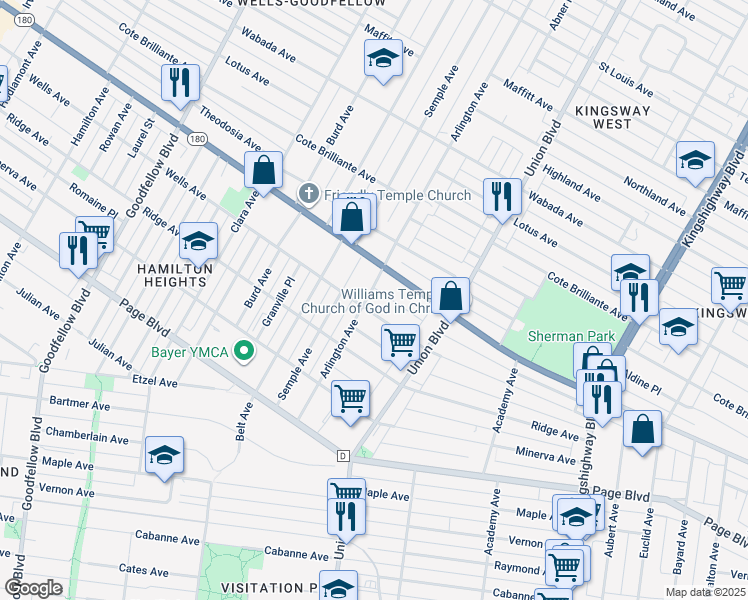 map of restaurants, bars, coffee shops, grocery stores, and more near 1436 Arlington Avenue in St. Louis