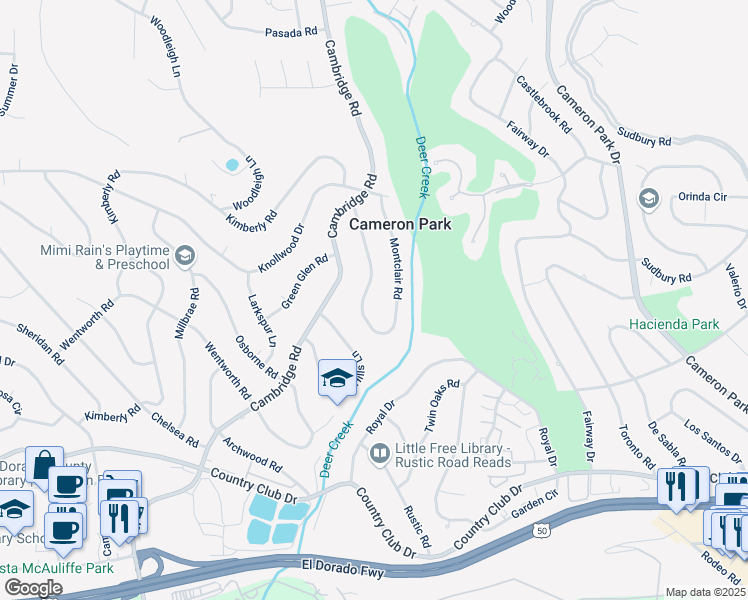 map of restaurants, bars, coffee shops, grocery stores, and more near 3668 Montclair Road in Cameron Park