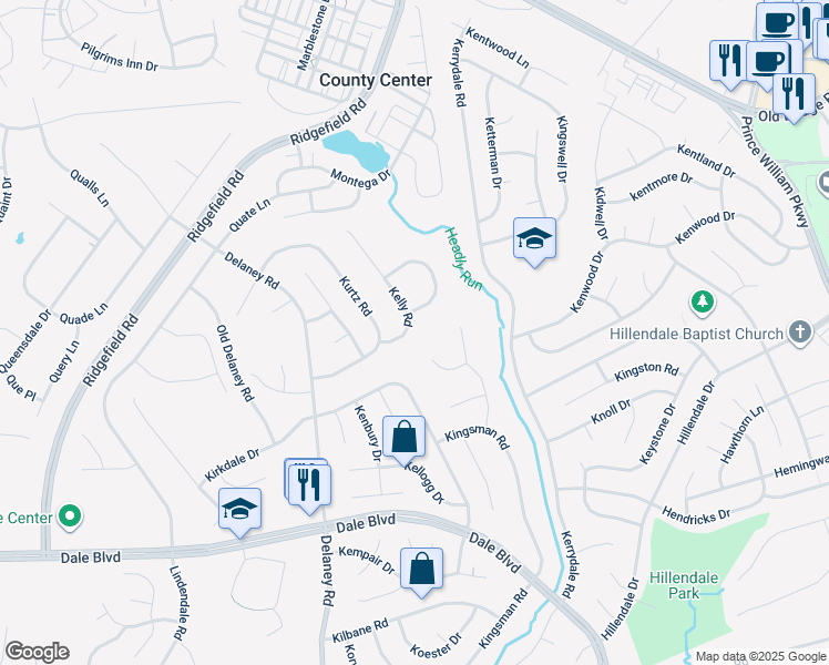 map of restaurants, bars, coffee shops, grocery stores, and more near 4799 Kelly Road in Woodbridge