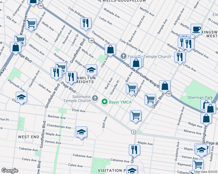 map of restaurants, bars, coffee shops, grocery stores, and more near 1371 Granville Place in St. Louis