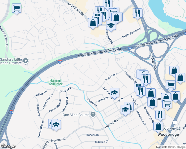 map of restaurants, bars, coffee shops, grocery stores, and more near 13200 Conrad Court in Woodbridge