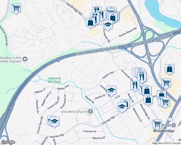 map of restaurants, bars, coffee shops, grocery stores, and more near 13200 Conrad Court in Woodbridge