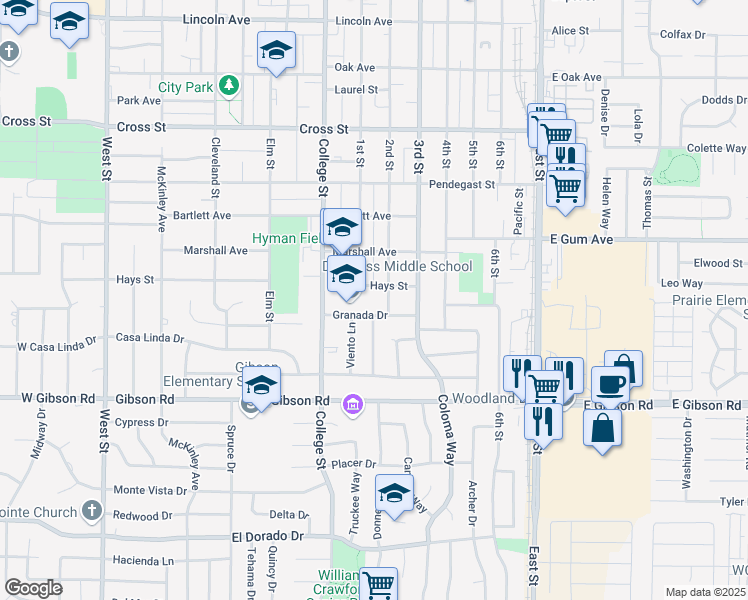 map of restaurants, bars, coffee shops, grocery stores, and more near 525 Granada Drive in Woodland