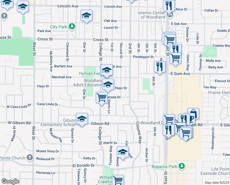 map of restaurants, bars, coffee shops, grocery stores, and more near 525 Granada Drive in Woodland