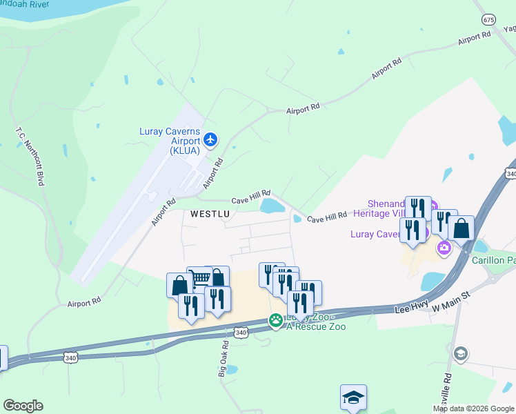 map of restaurants, bars, coffee shops, grocery stores, and more near 814 Cave Hill Road in Luray
