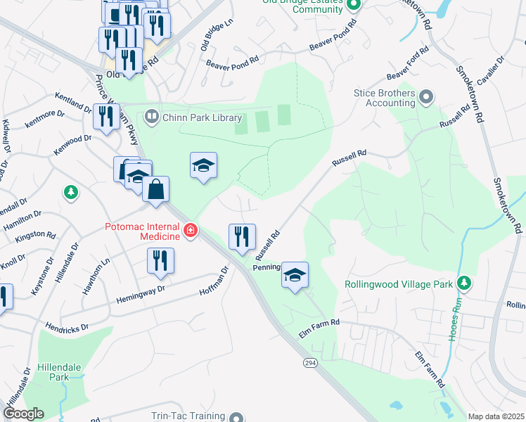 map of restaurants, bars, coffee shops, grocery stores, and more near 3901 Leaf Lawn Lane in Woodbridge