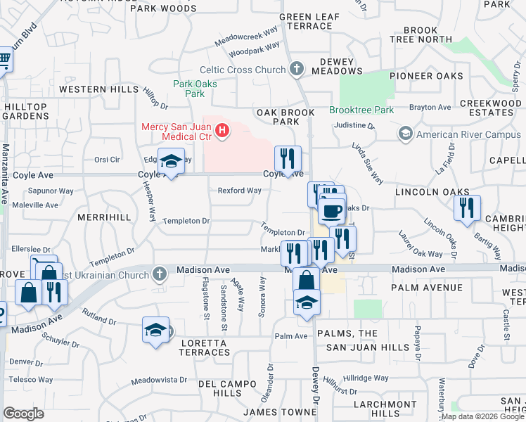 map of restaurants, bars, coffee shops, grocery stores, and more near 5519 Saint Charles Drive in Carmichael
