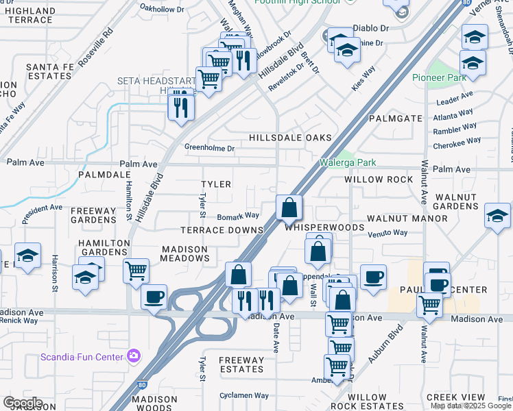 map of restaurants, bars, coffee shops, grocery stores, and more near 4573 Bomark Way in Sacramento