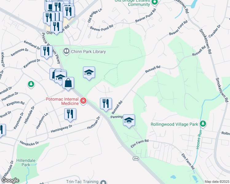 map of restaurants, bars, coffee shops, grocery stores, and more near 3901 Leaf Lawn Lane in Woodbridge