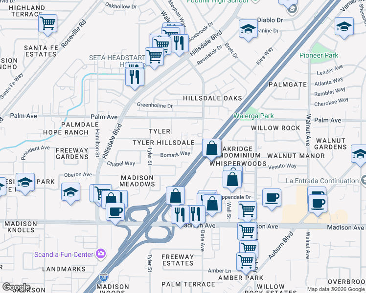 map of restaurants, bars, coffee shops, grocery stores, and more near 5506 Towhee Way in Sacramento