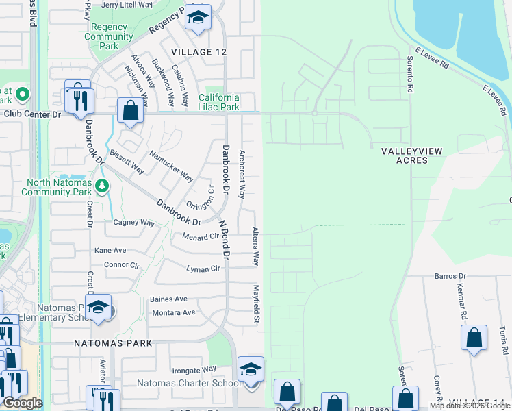 map of restaurants, bars, coffee shops, grocery stores, and more near 9 Cadbury Court in Sacramento