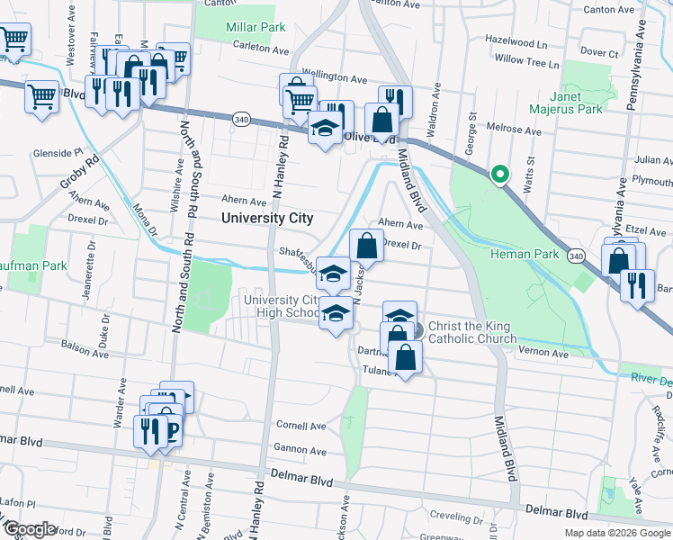 map of restaurants, bars, coffee shops, grocery stores, and more near 7411 Chamberlain Avenue in University City