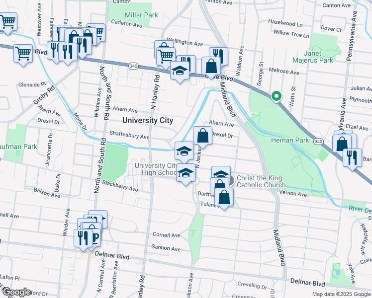 map of restaurants, bars, coffee shops, grocery stores, and more near 7411 Chamberlain Avenue in University City