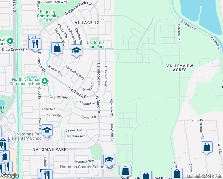 map of restaurants, bars, coffee shops, grocery stores, and more near 9 Cadbury Court in Sacramento