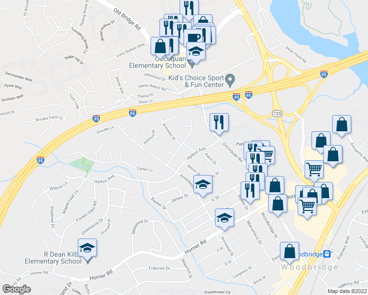 map of restaurants, bars, coffee shops, grocery stores, and more near 1527 Carter Lane in Woodbridge