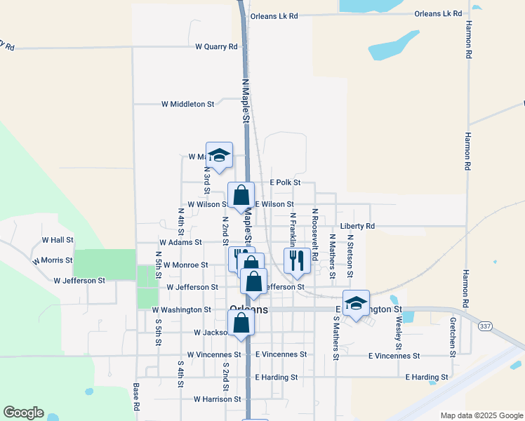 map of restaurants, bars, coffee shops, grocery stores, and more near 469 North Maple Street in Orleans