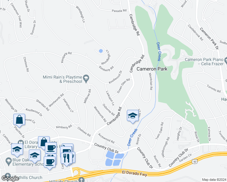 map of restaurants, bars, coffee shops, grocery stores, and more near 3578 Green Glen Court in Cameron Park