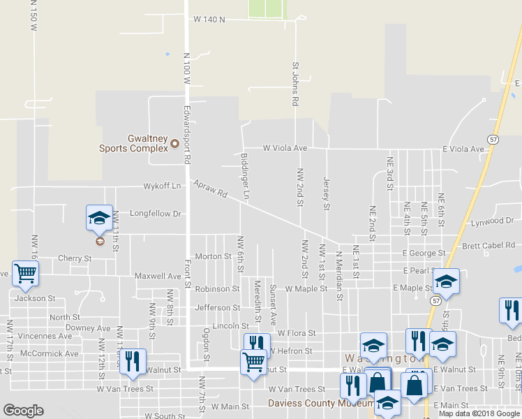 map of restaurants, bars, coffee shops, grocery stores, and more near 221 Apraw Road in Washington