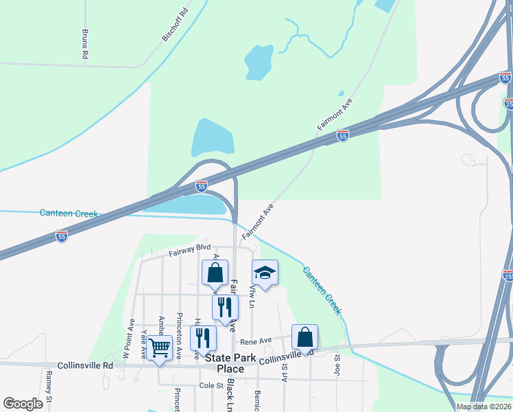 map of restaurants, bars, coffee shops, grocery stores, and more near 3425 Fairmont Avenue in Collinsville