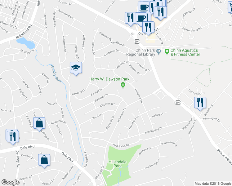 map of restaurants, bars, coffee shops, grocery stores, and more near 4414 Hamilton Drive in Woodbridge