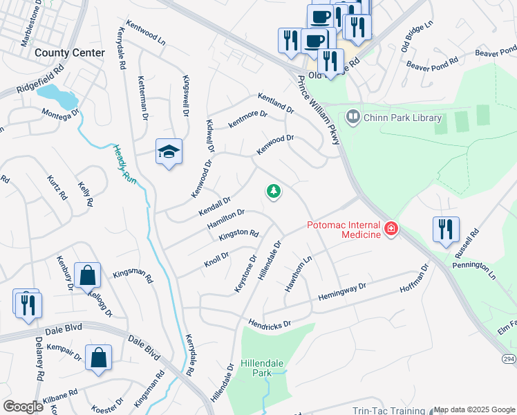 map of restaurants, bars, coffee shops, grocery stores, and more near 4414 Hamilton Drive in Woodbridge