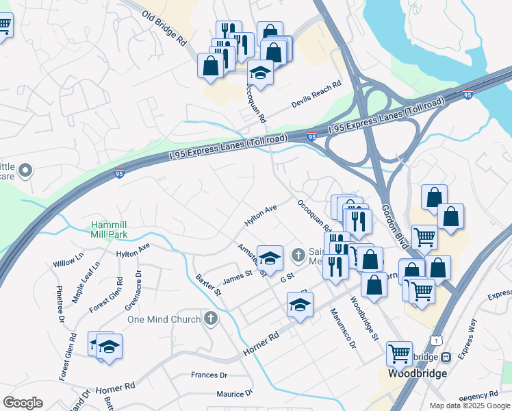 map of restaurants, bars, coffee shops, grocery stores, and more near 13807 Knowles Street in Woodbridge