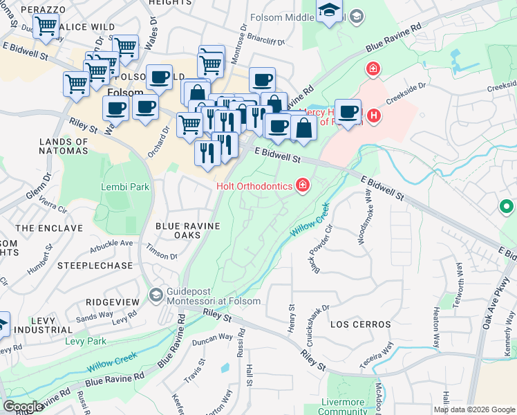 map of restaurants, bars, coffee shops, grocery stores, and more near 694 Creekside Drive in Folsom