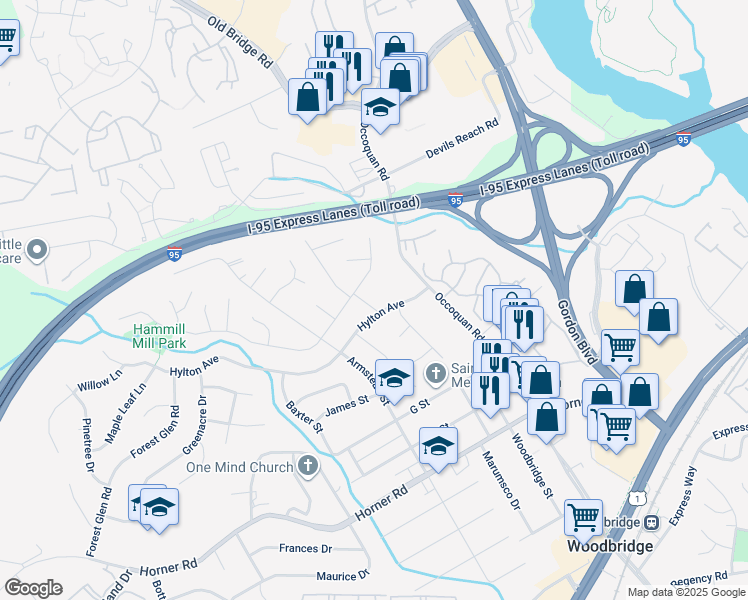map of restaurants, bars, coffee shops, grocery stores, and more near 13807 Knowles Street in Woodbridge