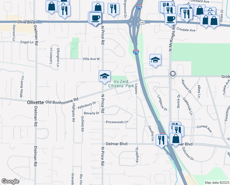 map of restaurants, bars, coffee shops, grocery stores, and more near 501 Ziercher Street in Olivette