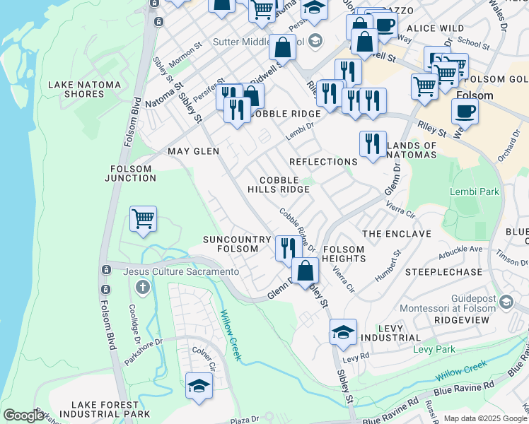 map of restaurants, bars, coffee shops, grocery stores, and more near 1019 Sibley Street in Folsom