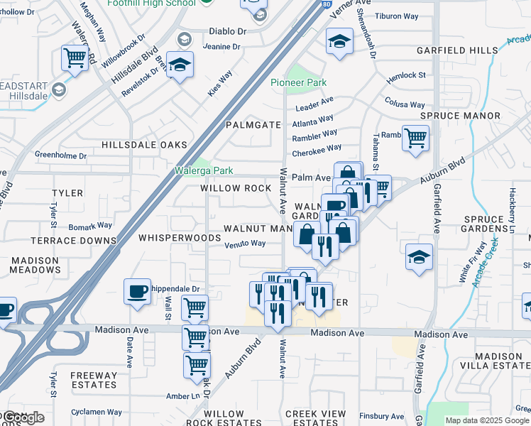 map of restaurants, bars, coffee shops, grocery stores, and more near 5025 Willow Rock Way in Sacramento