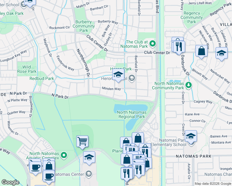 map of restaurants, bars, coffee shops, grocery stores, and more near 5120 Fredericksburg Way in Sacramento