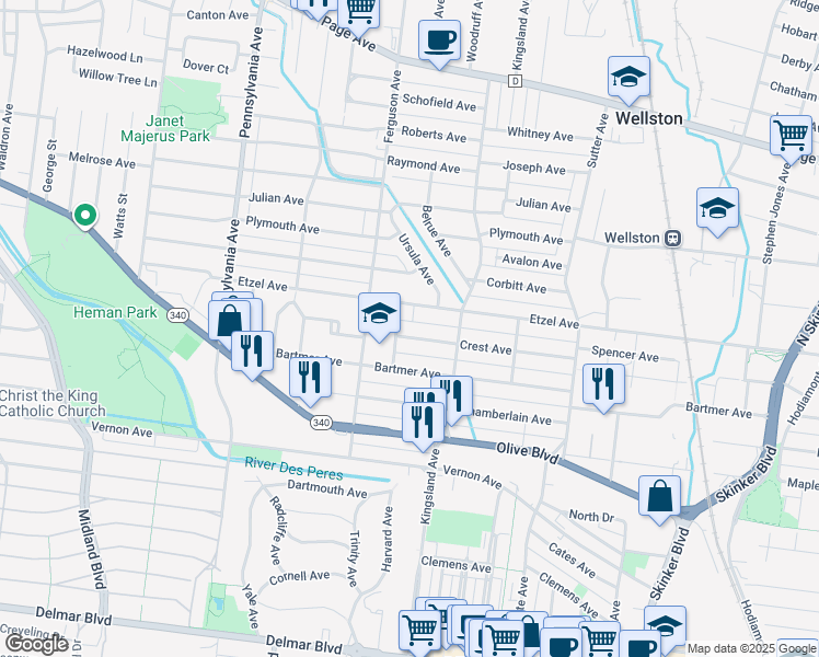 map of restaurants, bars, coffee shops, grocery stores, and more near 6750 Etzel Avenue in University City