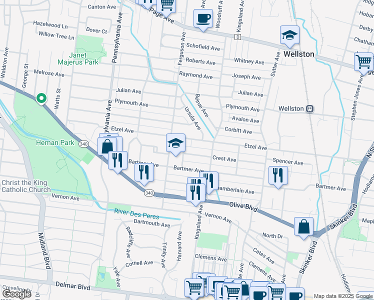 map of restaurants, bars, coffee shops, grocery stores, and more near 6750 Etzel Avenue in University City