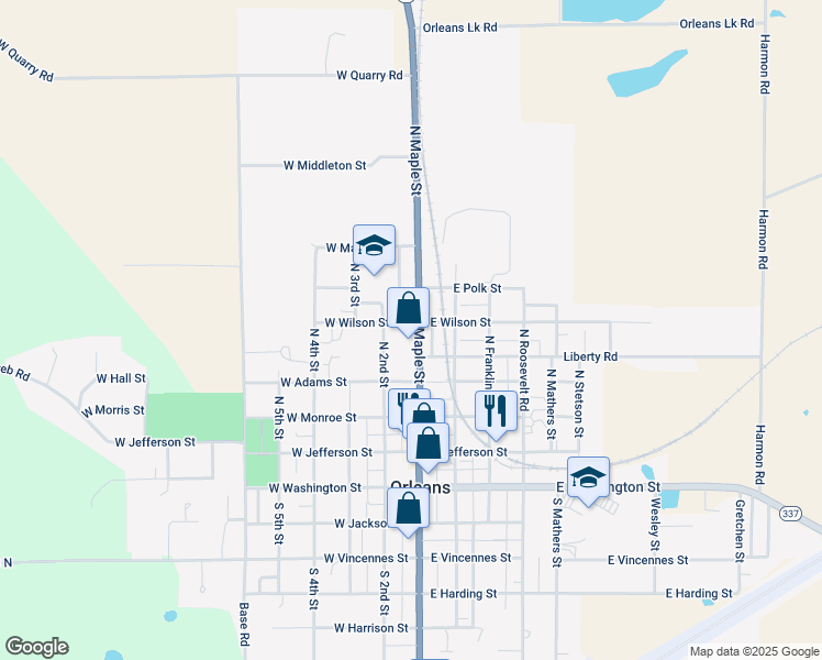 map of restaurants, bars, coffee shops, grocery stores, and more near 469 North Maple Street in Orleans