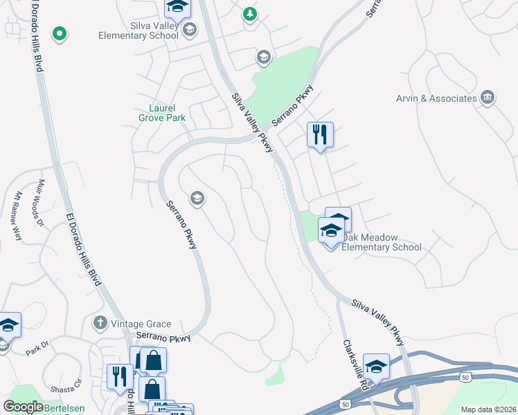 map of restaurants, bars, coffee shops, grocery stores, and more near 5044 Mertola Drive in El Dorado Hills
