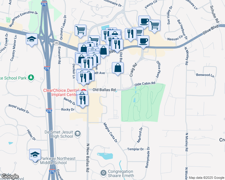 map of restaurants, bars, coffee shops, grocery stores, and more near 605 Old Ballas Road in Creve Coeur