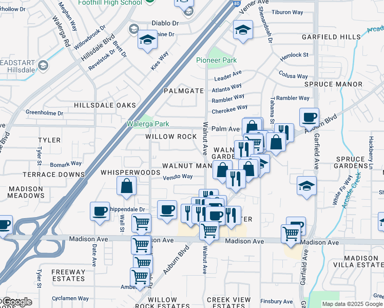map of restaurants, bars, coffee shops, grocery stores, and more near 5025 Willow Rock Way in Sacramento