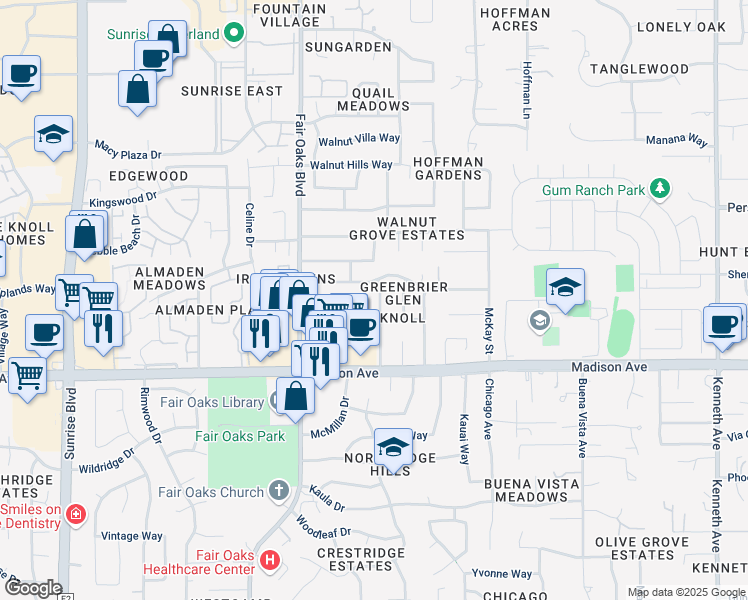 map of restaurants, bars, coffee shops, grocery stores, and more near 8168 Deseret Avenue in Fair Oaks