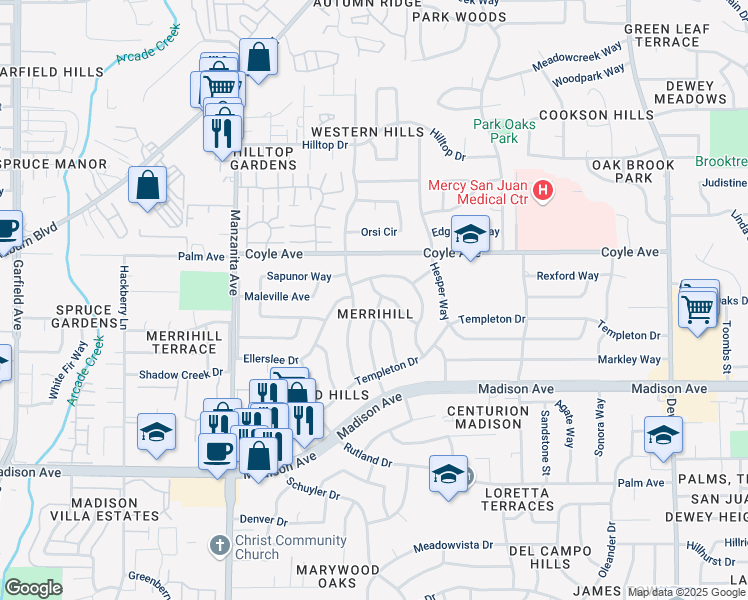 map of restaurants, bars, coffee shops, grocery stores, and more near 5549 Wilsey Way in Carmichael
