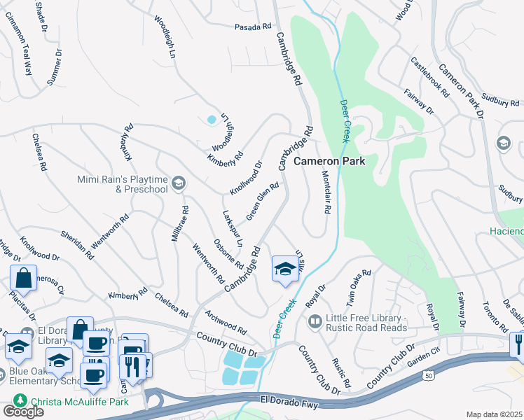 map of restaurants, bars, coffee shops, grocery stores, and more near 2656 Green Glen Road in Shingle Springs