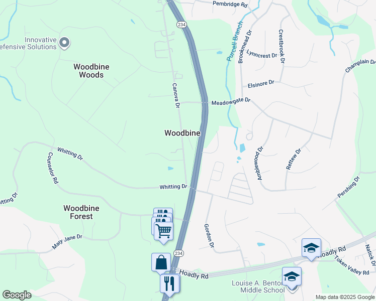 map of restaurants, bars, coffee shops, grocery stores, and more near 13225 Canova Drive in Manassas