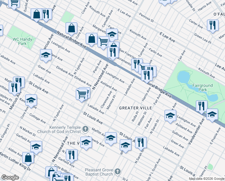 map of restaurants, bars, coffee shops, grocery stores, and more near 4249 Ashland Avenue in St. Louis