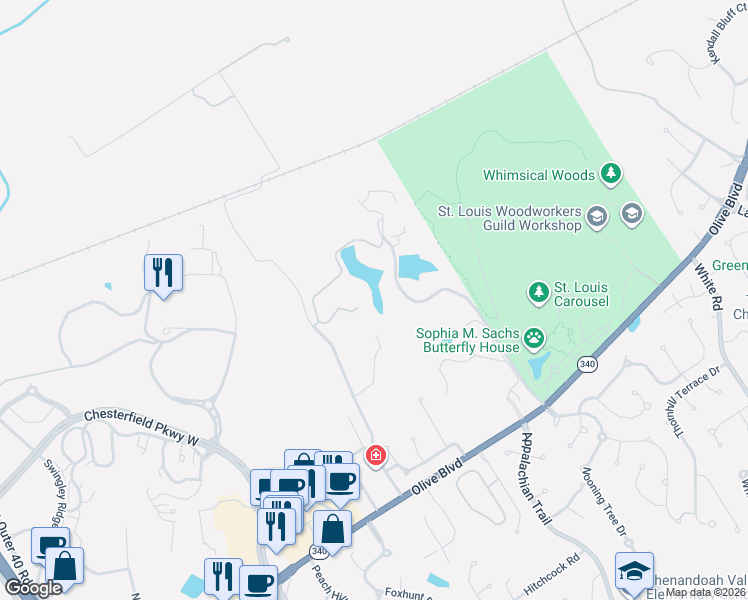 map of restaurants, bars, coffee shops, grocery stores, and more near 35 Arrowhead Estates Lane in Chesterfield