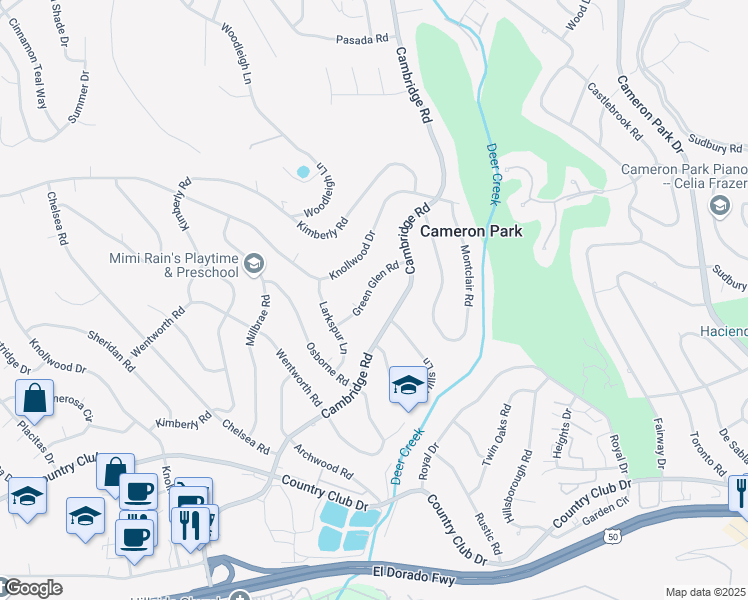 map of restaurants, bars, coffee shops, grocery stores, and more near 2656 Green Glen Road in Cameron Park