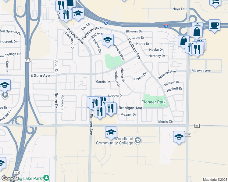 map of restaurants, bars, coffee shops, grocery stores, and more near 910 Wallace Drive in Woodland