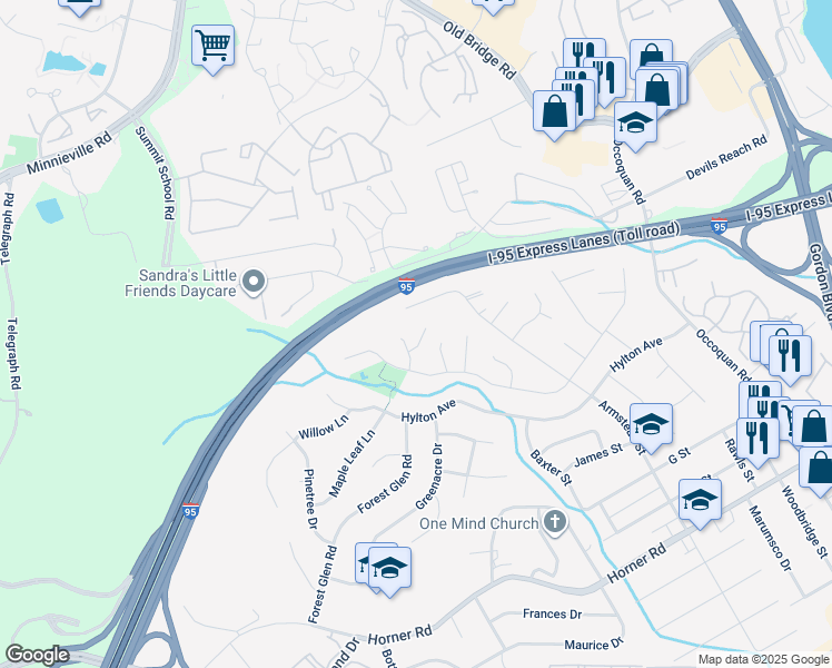 map of restaurants, bars, coffee shops, grocery stores, and more near 1798 Ivy Court in Woodbridge