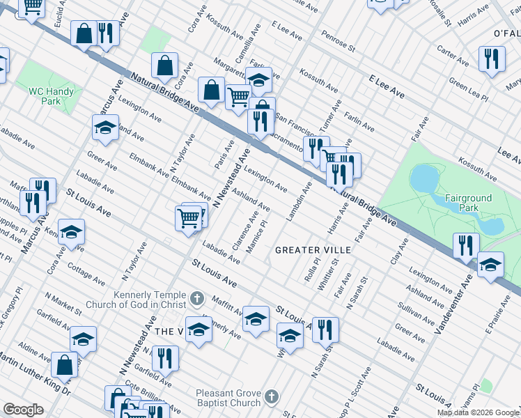 map of restaurants, bars, coffee shops, grocery stores, and more near 4249 Ashland Avenue in St. Louis